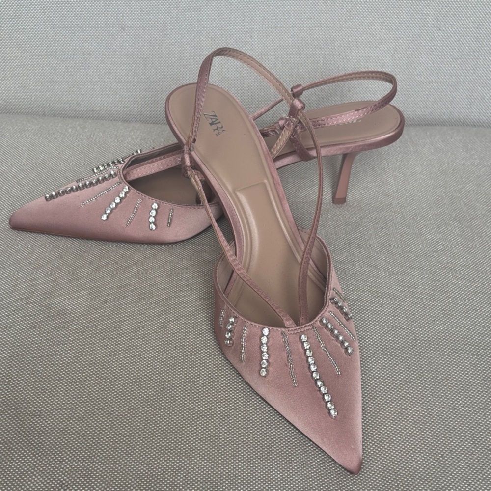 Zara Pink Satin Heels with Rhinestone Accents